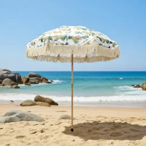 Outdoor Wooden Beach Umbrella with Fringe Custom Print UV Protection Water Resistant for Park and Outdoor Furniture