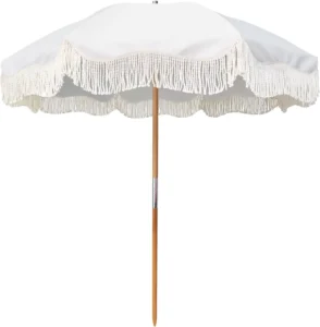 Outdoor Wooden Pole Tassel White Beach Umbrella With Fringe