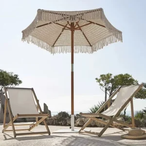 Outdoor Woven Cotton Rope Tassel Center Pole Beach Umbrella with Hollow Knitted Design