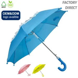 Ovida Classic Design Straight Umbrella for Kids Blue Pongee Fabric with Lace Decor for Boys and Girls Umbrellas for the Rain