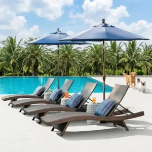 PE Rattan Sun Lounger Set Adjustable Outdoor Garden Beach Swimming Poolside Lounge Chairs with Umbrella