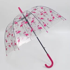 POE Straight Auto Open J Handle Dome Umbrella with Flamingo Design