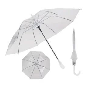 POE Transparent Full Metal Frame Straight Umbrella with Rounded Scratch-Resistant Tips and J-Handle