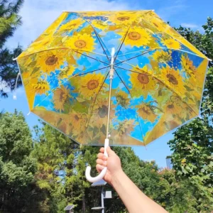 POE Transparent Sunflower Oil Painting Long Handle Manual Customizable Straight Umbrella