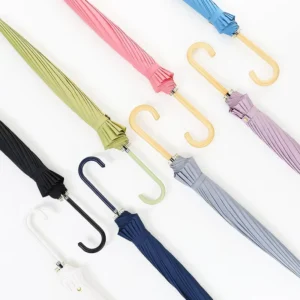 PU Leather Handle Small Straight Umbrella 16K Plain Multicolor