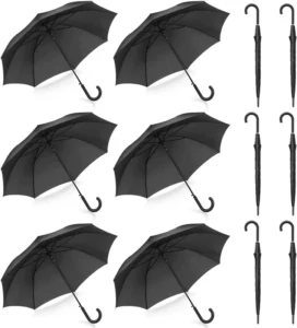 Pack of 12 Stick Umbrellas Large Canopy Windproof Auto Open J Hook Handle Matte Black
