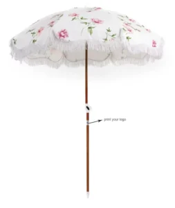 Pagoda Hawaii Striped Wooden Beach Umbrella with Tassels and Fringe