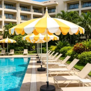Pagoda Style Outdoor Center Pole Beach Umbrella, Wind Resistant UV Sunshade for Hotel