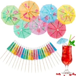 Paper Mini Cocktail Drink Umbrellas with Hawaiian Cupcake Toppers-Colorful Garnishes Party Decorations