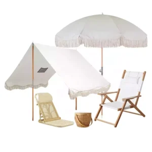 Parasols Supplier Boho Beach Sun Shade Wooden Beach Tassel Umbrella and Chair Picnic Set Manufacturer