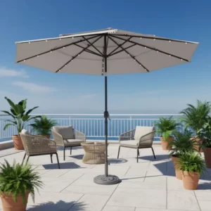 Patio Rice White Eight Strand Umbrella with Led Solar Lights