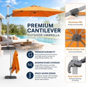 Patio Waterproof UV-Resistant Aluminum Cantilever Umbrella for Outdoor Park Use