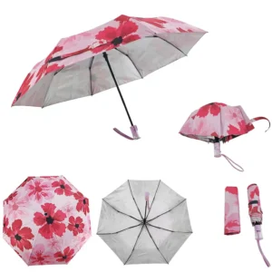 Pink Floral Semi-Automatic Umbrella with Large Hibiscus Print, Glitter Crystal Handle and UV Protection