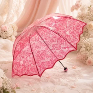 Pink Lace Princess Umbrella Manual Open Floral Scallop Edge Plastic Parasol for Wedding Lolita Party Retail Gifts