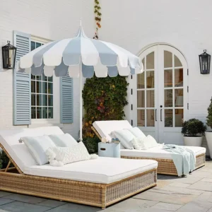 Pink Pagoda Style Beach Umbrella with Fiberglass Frame and Custom Shape Edge