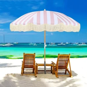 Pink Printed Beach Parasol with Tassel Fringe for Courtyard Hotel Garden