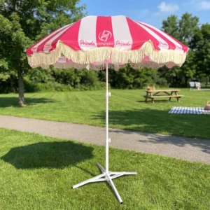 Pink Strips Tassel Beach Garden Patio Umbrella for Street Vendors and Market Stalls