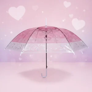 Pink Transparent Love Pattern Semi-Automatic 100cm Straight Umbrella