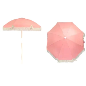 Pink Vintage Wooden Fringe Beach Umbrella, Foldable and Waterproof, for Outdoor Gym or Garden