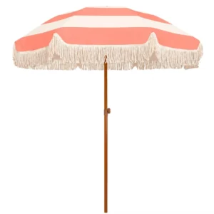 Pink and White Boho Beach Umbrella with Tassel Fringe for Garden, Resort, Patio, and Wedding