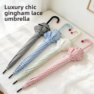 Plaid Lace Straight Shaft Umbrella Color-Coated UV-Proof Long Handle Parasol Rain and Sun Umbrella