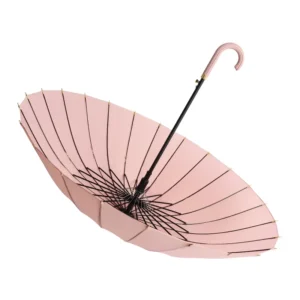 Plain Color Leather J-Handle Straight Umbrella, 24 Ribs, Automatic Long Stick Umbrella