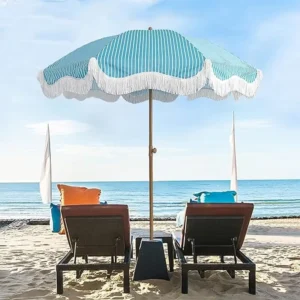 Polyester Fabric Fringe Blue and White Stripe Beach Umbrella Parasol