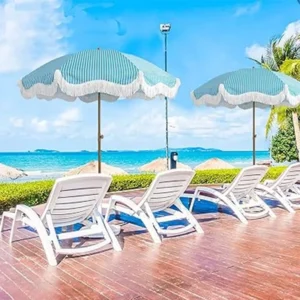 Polyester Fabric Fringe Design Blue and White Stripe Beach Umbrella Parasol With Metal Frame