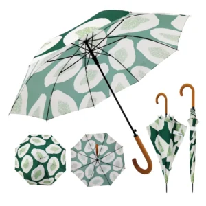 Polyester Windproof Straight Rain Umbrella, 8K Fresh Country Design, Digital-Printed Wood Handle, Travel and Gift Use