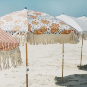 Poolside Beach Parasol with Tropical Botanical Print Canopy Tassels Wooden Frame for Resort