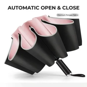 Popular 10-Rib Automatic Folding Umbrella with Reflective Edge, Reverse Design, and Wooden Handle for Business Gifts