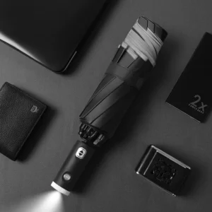 Popular Custom Automatic Folding Umbrella Waterproof Reverse Umbrella with logo Led Flashlight Umbrellas for the Rain