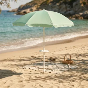 Portable 1.6m Light Green Tilting Parasol Steel Frame 100% Polyester Fabric Sun Shade Beach Umbrella with Logo