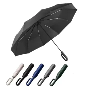Portable 10 Bone New Design Fully Automatic Three Folding Fiberglass Frame Umbrella Hook Loop Lock Handle Umbrella
