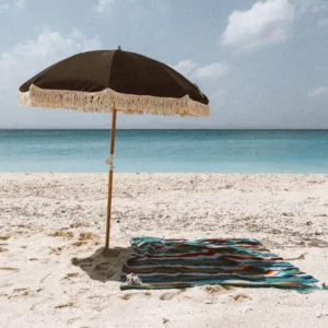 Portable 6.5ft/8ft Custom Logo Boho Macrame Cotton Fabric Black Tassel Beach Parasol for Pool, Picnic, and Travel