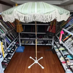 Portable 8 Feet Vintage Boho Wooden Pole Canvas Yellow Fringe Sun Outdoor Parasol Beach Umbrella with Tassels