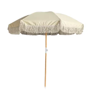 Portable 8ft Boho White Parasol, Vintage Windproof Wooden Shaft Beach Umbrella with Fringe Tassels, Manual Control