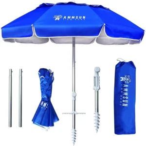 Portable Beach Umbrella Foldable UPF50+ Sun Shade with Sand Anchor and Vent Compact for Travel Garden and Pool