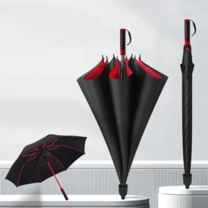 Portable Black Double-Canopy Compact Travel Semi-Automatic Windproof Straight Umbrella with Fiberglass Frame