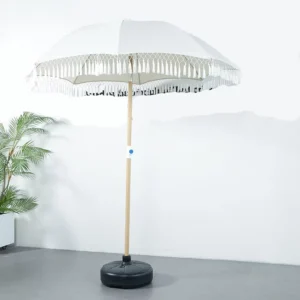 Portable Boho Canvas Fringed Windproof Outdoor Patio Parasol with Wooden Pole and Tassels