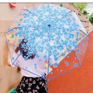 Portable Clear Transparent Automatic Folding Umbrella with Cherry Blossom Print for Women