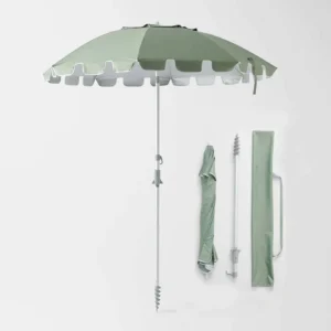 Portable Double Canopy UV 50+ Sun Parasol Polyester Green Scalloped Beach with Sand Anchor for Picnic Travel