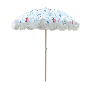 Portable Floral Peach Beach Umbrella with Fringe and Tassel Decor, Foldable for Travel, Beach, and Backyard