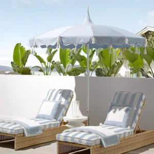 Portable Foldable Commercial Resort UV 50+ Canvas Canopy Beach Patio Umbrella with Scalloped Edge, Tassel Valance, Storage Bag