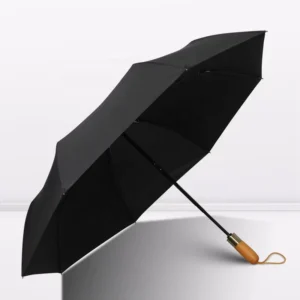 Portable Fully Automatic Foldable Wind-Resistant Rain Umbrella with Vintage Wooden Handle and Pongee Fabric