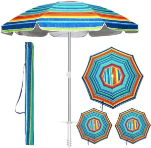 Portable Heavy-Duty Windproof Beach Umbrella for Sand Red and Blue Striped UV Protection