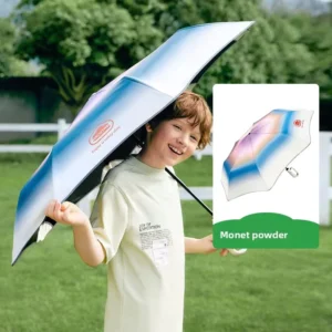 Portable Kids Student Auto Open& Close Ring Buckle Handle Night Reflective Strip Safe Round Tips Three Folding Umbrella