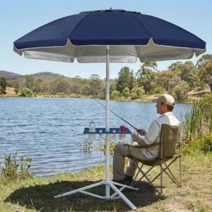 Portable Large Navy Camping Fishing Parasol, UV50 Protection, Tilt, Base, Sand Anchor, Table Tray and Hook