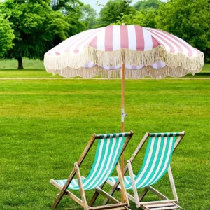 Portable Large Outdoor Fringe Sun Shade Beach Garden Umbrella with Tassels, White Vintage Style