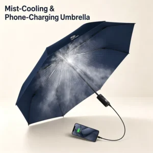 Portable Mist-Cooling and Phone-Charging Umbrella for Rain and Sun